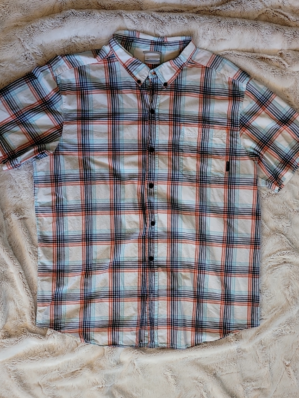 Men's Short-Sleeve Plaid Button-Down Shirt - White with Orange & Blue